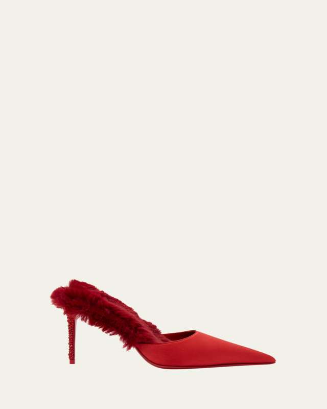 KM Faux Fur Satin Mule Pumps